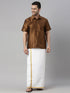 Vastramay Men's Coffee Solid Ethnic Shirt And Mundu Set
