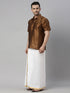 Vastramay Men's Coffee Solid Ethnic Shirt And Mundu Set