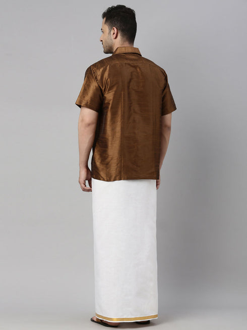 Vastramay Men's Coffee Solid Ethnic Shirt And Mundu Set