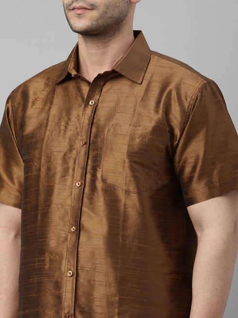 Vastramay Men's Coffee Solid Ethnic Shirt And Mundu Set