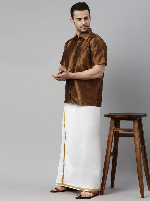 Vastramay Men's Coffee Solid Ethnic Shirt And Mundu Set