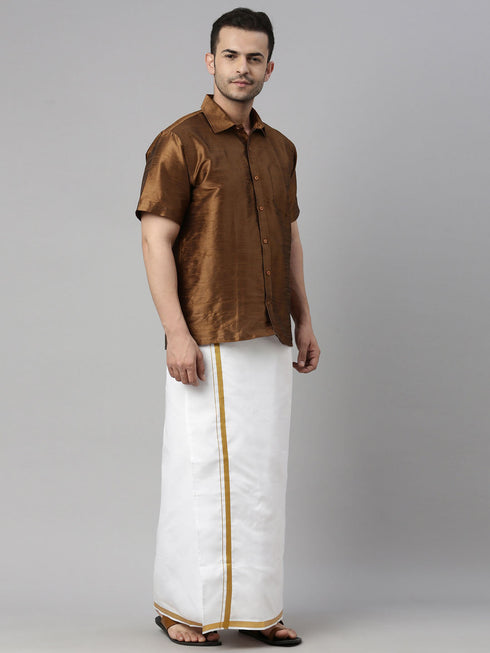 Vastramay Men's Coffee Solid Ethnic Shirt And Mundu Set