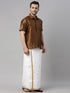 Vastramay Men's Coffee Solid Ethnic Shirt And Mundu Set