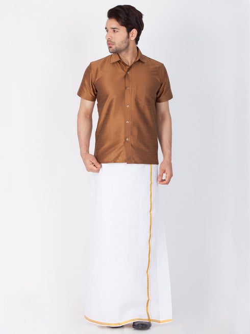 Vastramay Men's Brown Silk Blend Ethnic Shirt