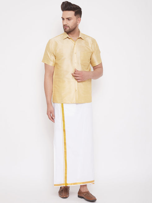 Vastramay Men's Gold And White Silk Blend Shirt And Mundu Set