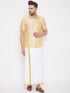 Vastramay Men's Gold And White Silk Blend Shirt And Mundu Set