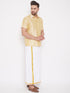 Vastramay Men's Gold And White Silk Blend Shirt And Mundu Set