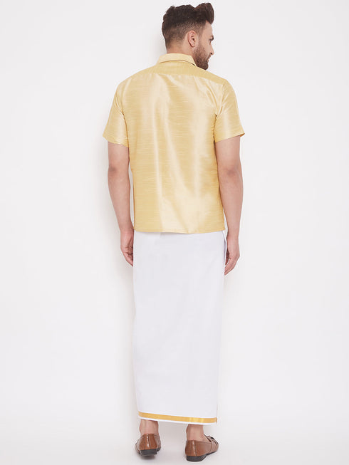 Vastramay Men's Gold And White Silk Blend Shirt And Mundu Set