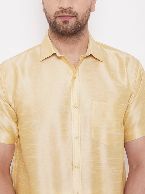 Vastramay Men's Gold And White Silk Blend Shirt And Mundu Set