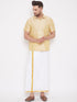 Vastramay Men's Gold And White Silk Blend Shirt And Mundu Set