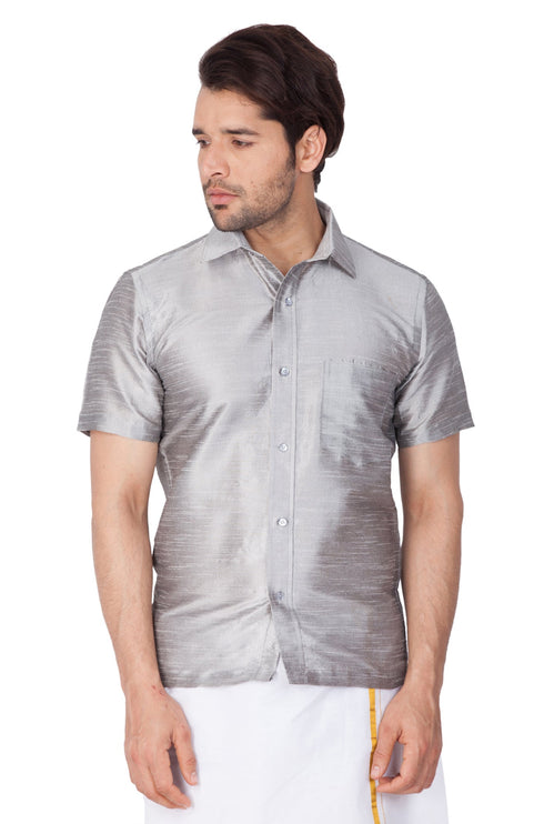 Vastramay Men's Grey Silk Blend Ethnic Shirt