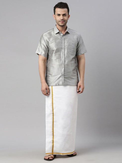 Vastramay Men's Gray Solid Ethnic Shirt And Mundu Set