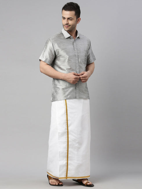 Vastramay Men's Gray Solid Ethnic Shirt And Mundu Set