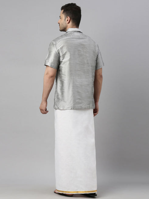 Vastramay Men's Gray Solid Ethnic Shirt And Mundu Set