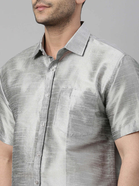 Vastramay Men's Gray Solid Ethnic Shirt And Mundu Set