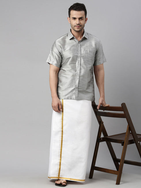 Vastramay Men's Gray Solid Ethnic Shirt And Mundu Set