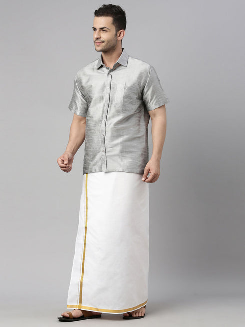 Vastramay Men's Gray Solid Ethnic Shirt And Mundu Set