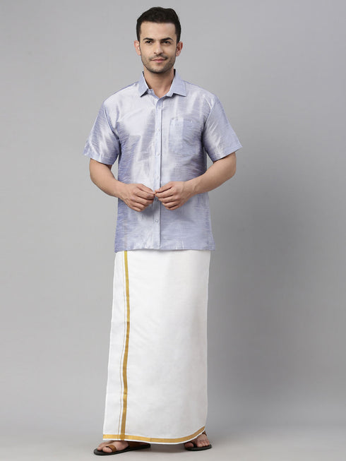 Vastramay Men's Lavender Solid Ethnic Shirt And Mundu Set