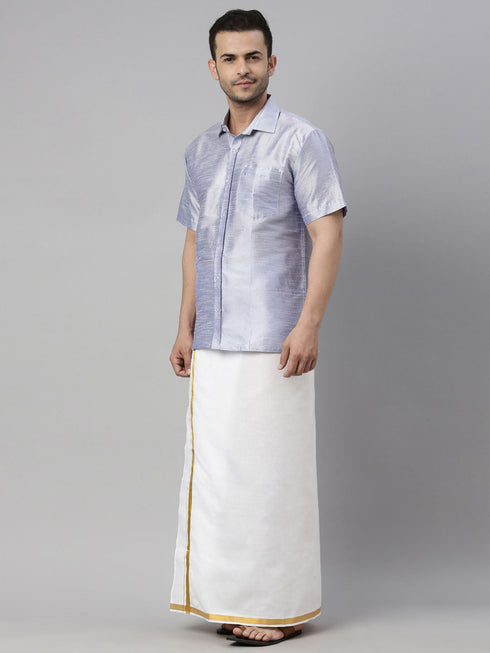 Vastramay Men's Lavender Solid Ethnic Shirt And Mundu Set