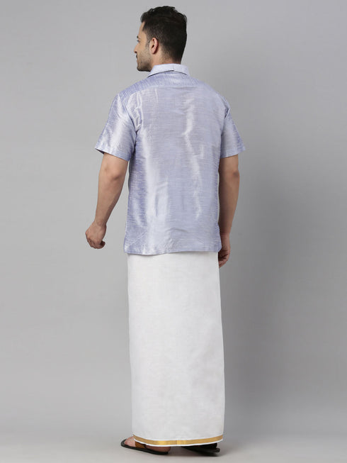 Vastramay Men's Lavender Solid Ethnic Shirt And Mundu Set