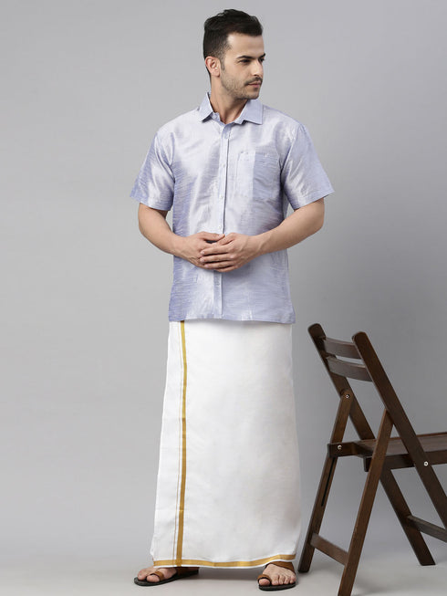 Vastramay Men's Lavender Solid Ethnic Shirt And Mundu Set