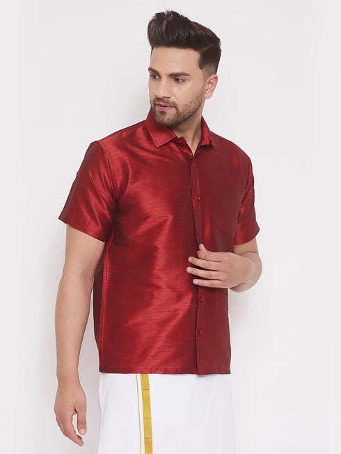 Vastramay Vastramay Men's Maroon Silk Blend Ethnic Shirt