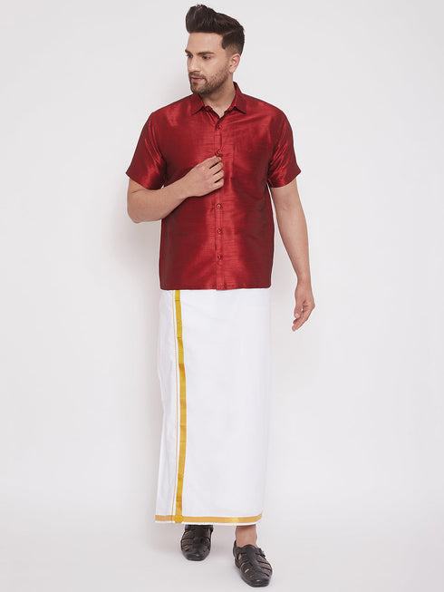 Vastramay Men's Maroon And White Silk Blend Shirt And Mundu Set