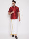 Vastramay Men's Maroon And White Silk Blend Shirt And Mundu Set