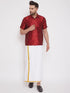 Vastramay Men's Maroon And White Silk Blend Shirt And Mundu Set