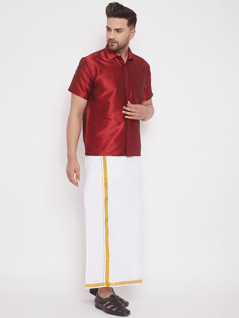 Vastramay Men's Maroon And White Silk Blend Shirt And Mundu Set