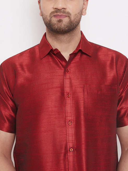 Vastramay Men's Maroon And White Silk Blend Shirt And Mundu Set