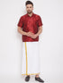Vastramay Men's Maroon And White Silk Blend Shirt And Mundu Set