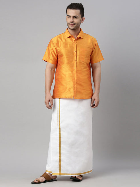 Vastramay Men's Orange Solid Ethnic Shirt And Mundu Set