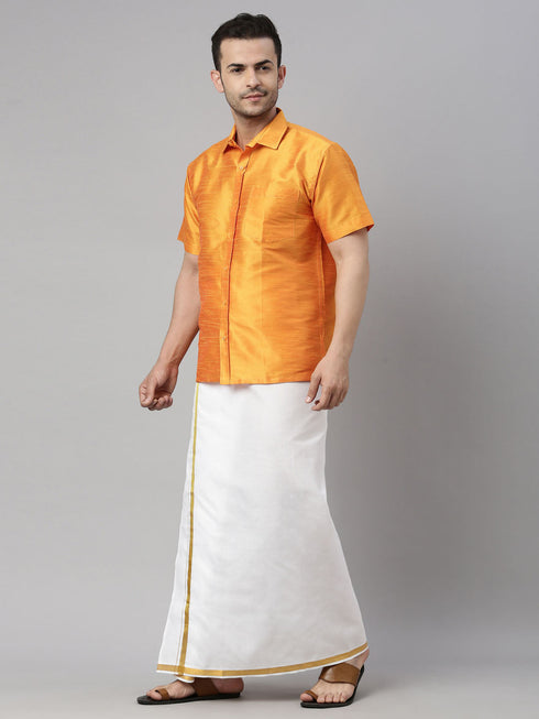 Vastramay Men's Orange Solid Ethnic Shirt And Mundu Set