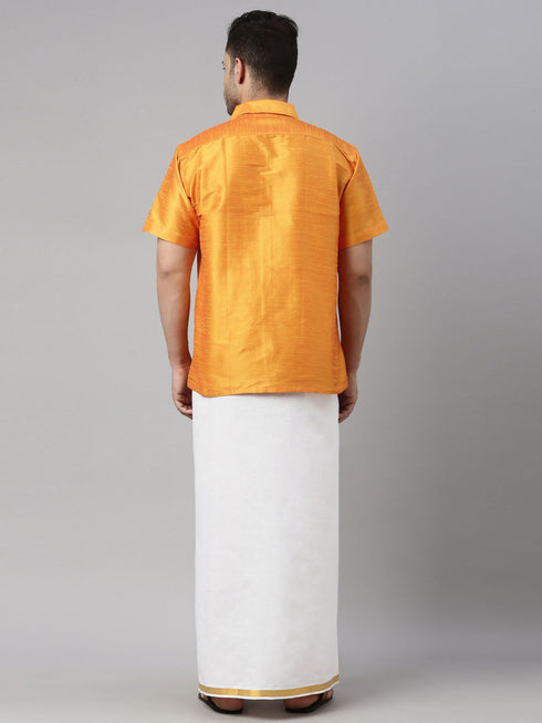 Vastramay Men's Orange Solid Ethnic Shirt And Mundu Set