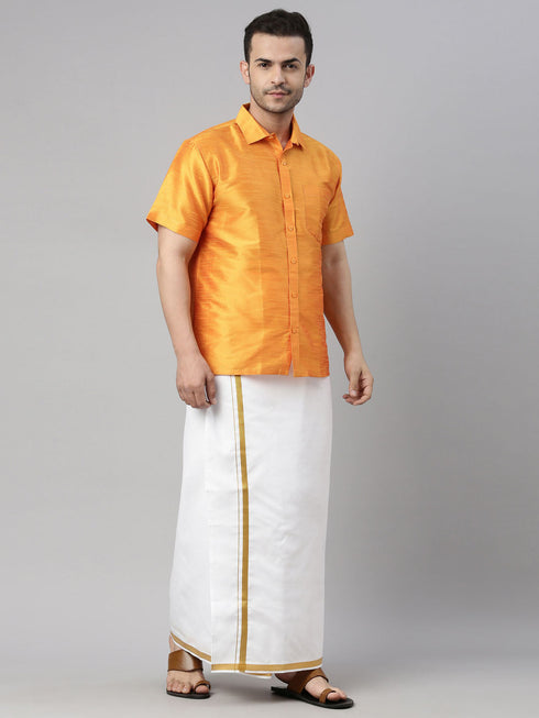 Vastramay Men's Orange Solid Ethnic Shirt And Mundu Set