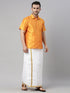 Vastramay Men's Orange Solid Ethnic Shirt And Mundu Set