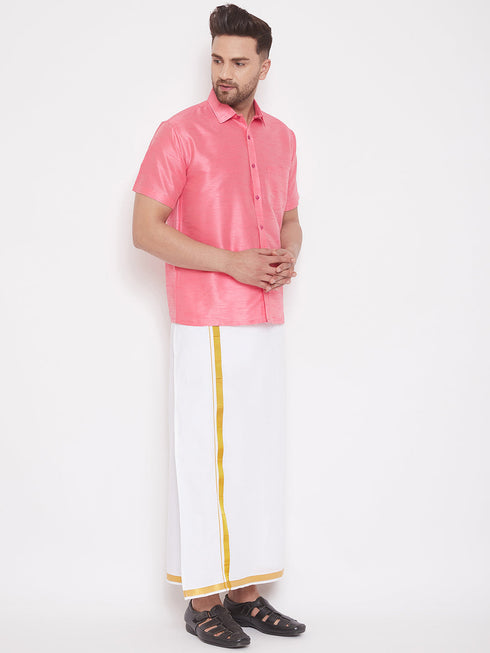 Vastramay Men's Pink and White Silk Blend Shirt And Mundu Set