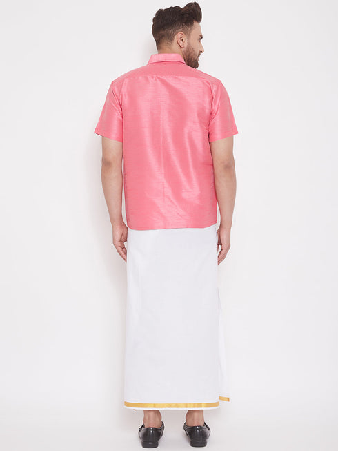 Vastramay Men's Pink and White Silk Blend Shirt And Mundu Set