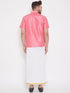 Vastramay Men's Pink and White Silk Blend Shirt And Mundu Set
