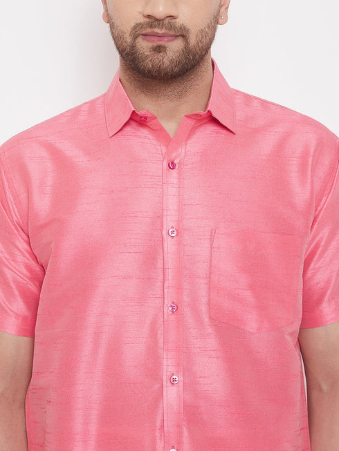 Vastramay Men's Pink and White Silk Blend Shirt And Mundu Set