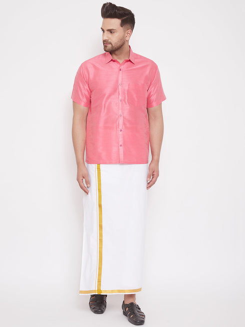 Vastramay Men's Pink and White Silk Blend Shirt And Mundu Set