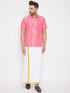 Vastramay Men's Pink and White Silk Blend Shirt And Mundu Set