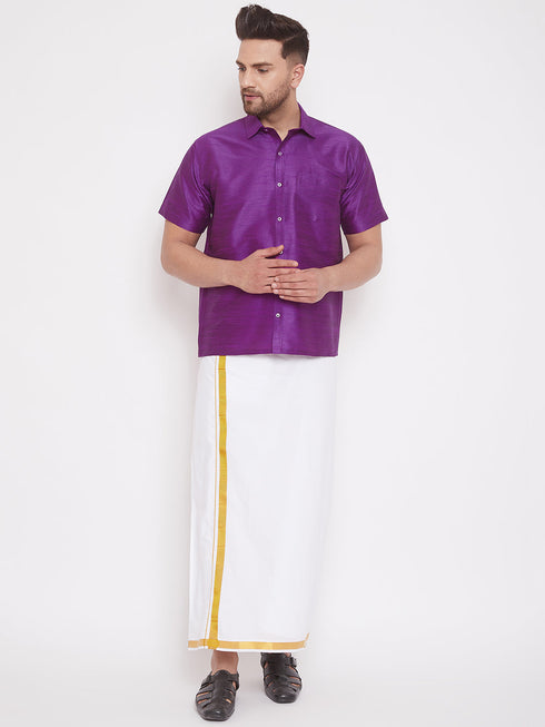 Vastramay Men's Purple and White Silk Blend Shirt And Mundu Set