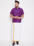 Vastramay Men's Purple and White Silk Blend Shirt And Mundu Set