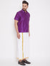 Vastramay Men's Purple and White Silk Blend Shirt And Mundu Set
