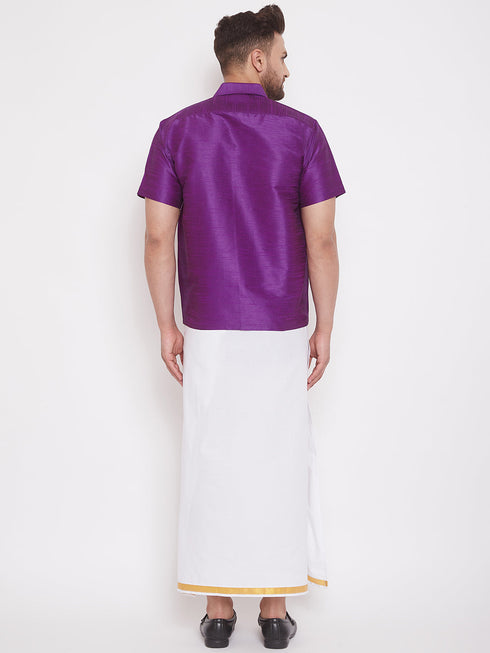 Vastramay Men's Purple and White Silk Blend Shirt And Mundu Set