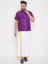 Vastramay Men's Purple and White Silk Blend Shirt And Mundu Set