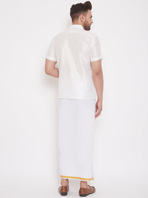 Vastramay Men's White Silk Blend Shirt And Mundu Set