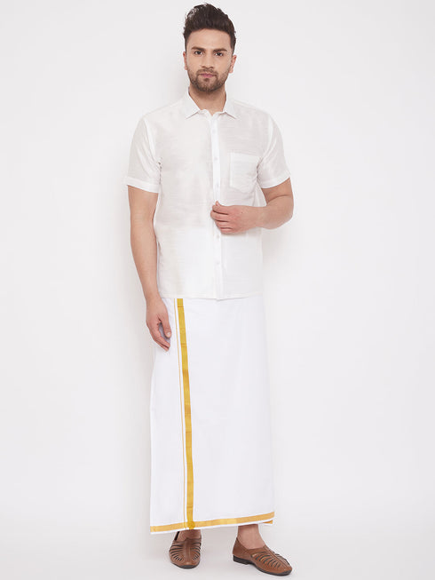 Vastramay Men's White Silk Blend Shirt And Mundu Set